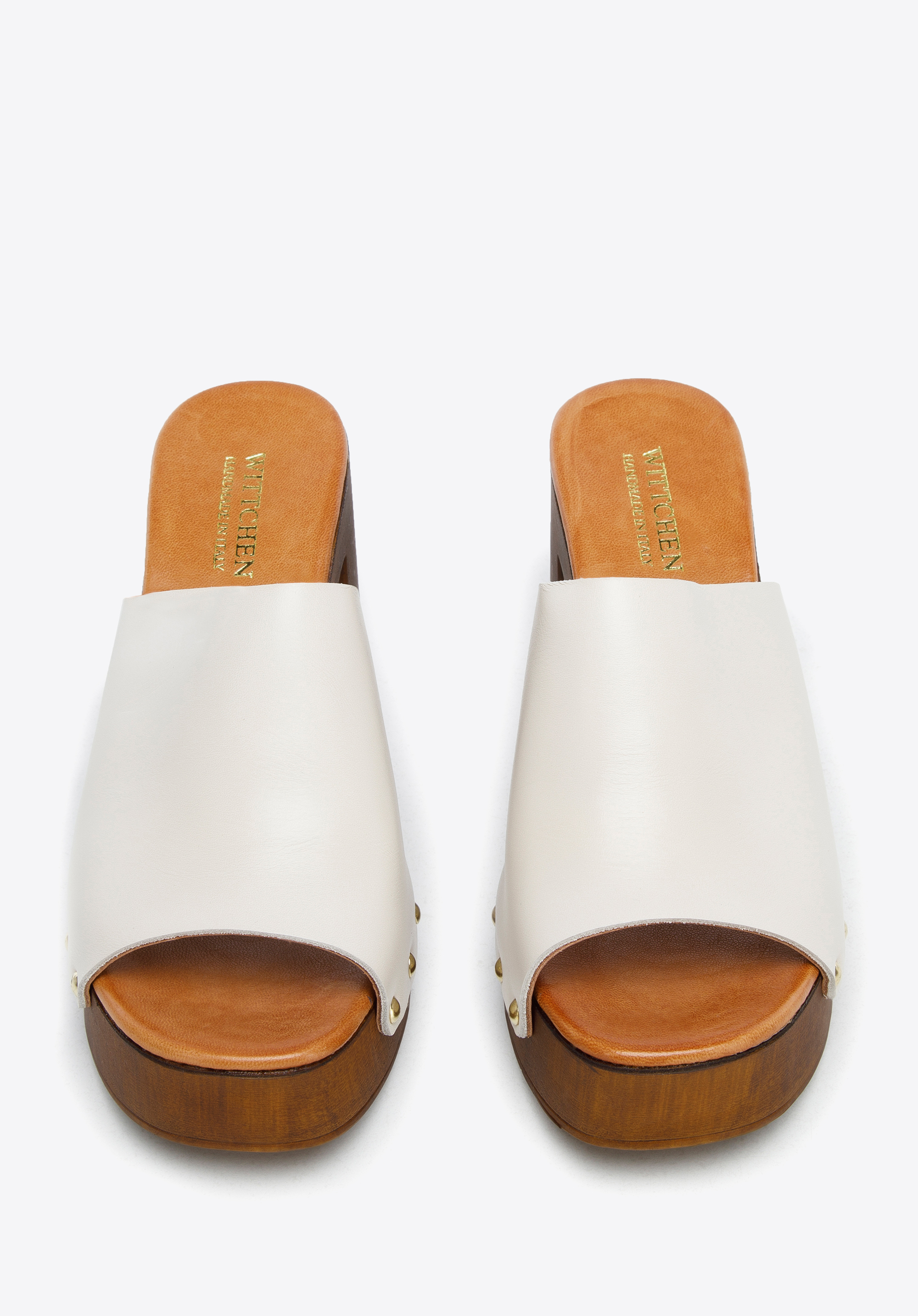 Damskie klapki skórzane na słupku z imitacji drewna