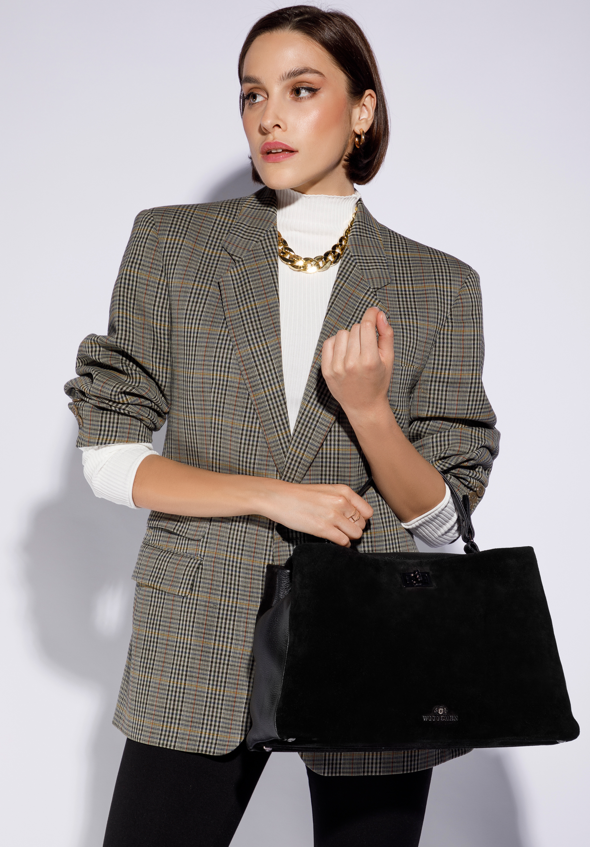 Torebka kuferek z dwóch rodzajów skór