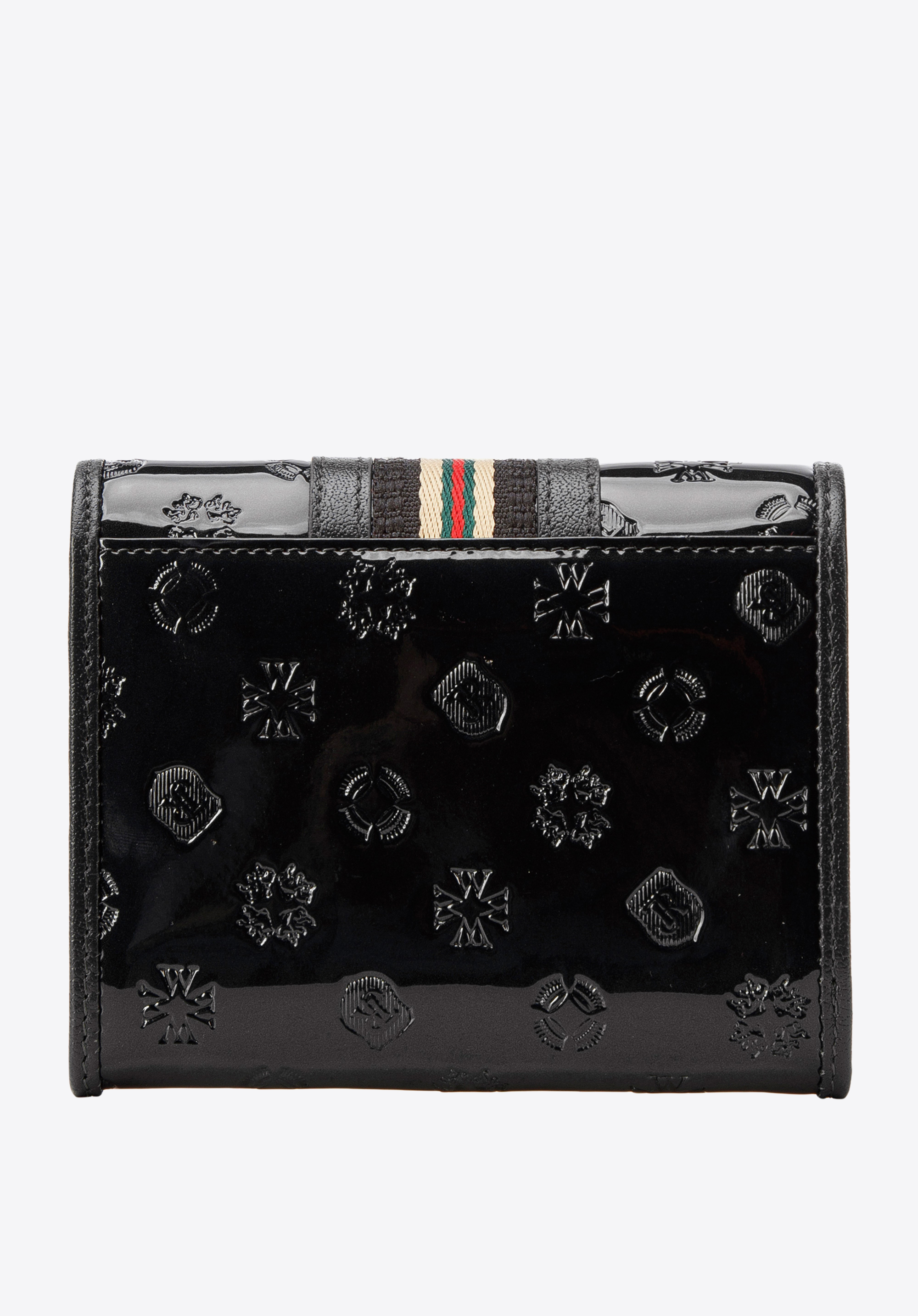 Damski portfel z lakierowanej skóry z monogramem i tasiemką mały