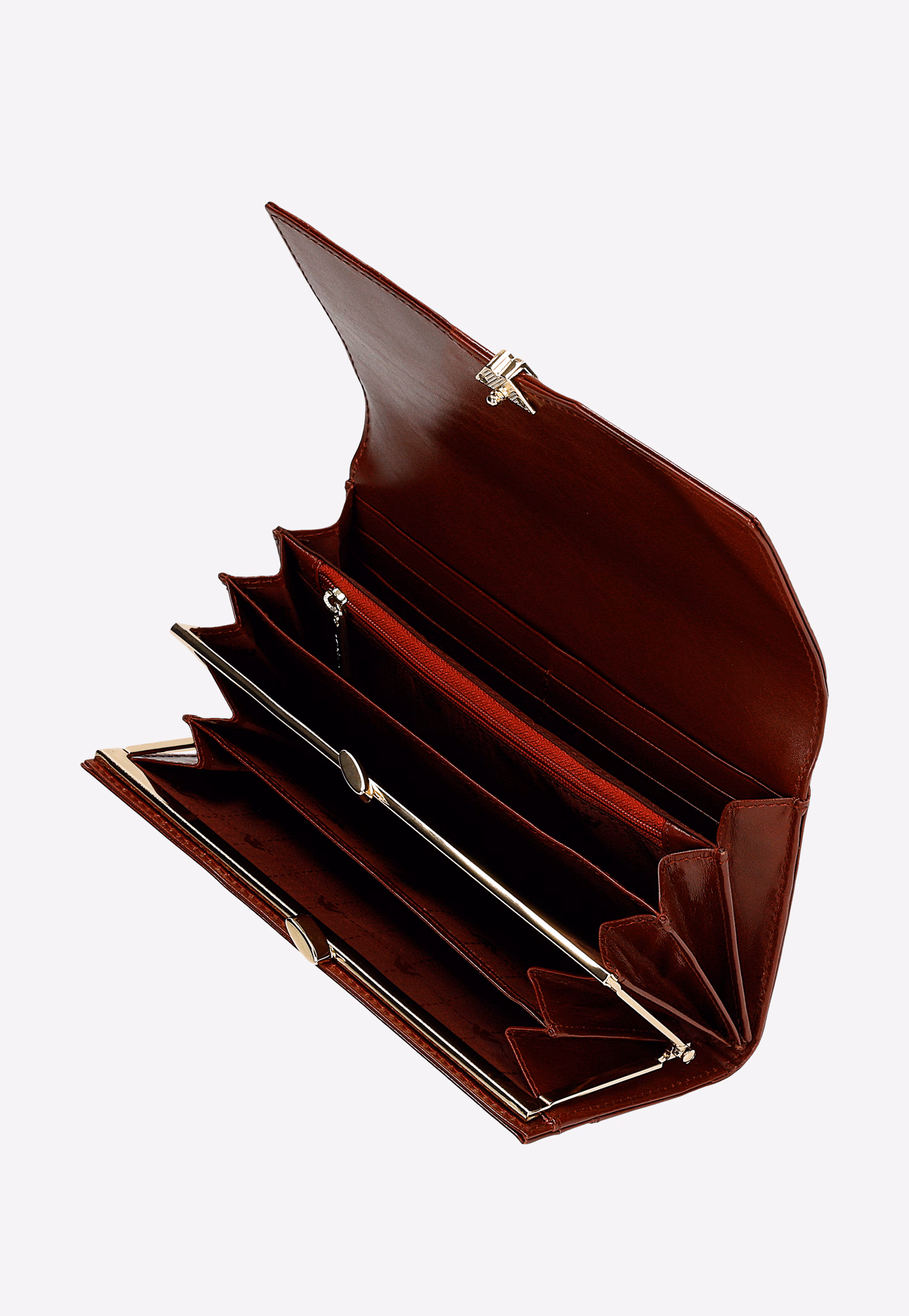 Duży czerwony portfel z lakierowanej skóry z lekko metalicznym połyskiem