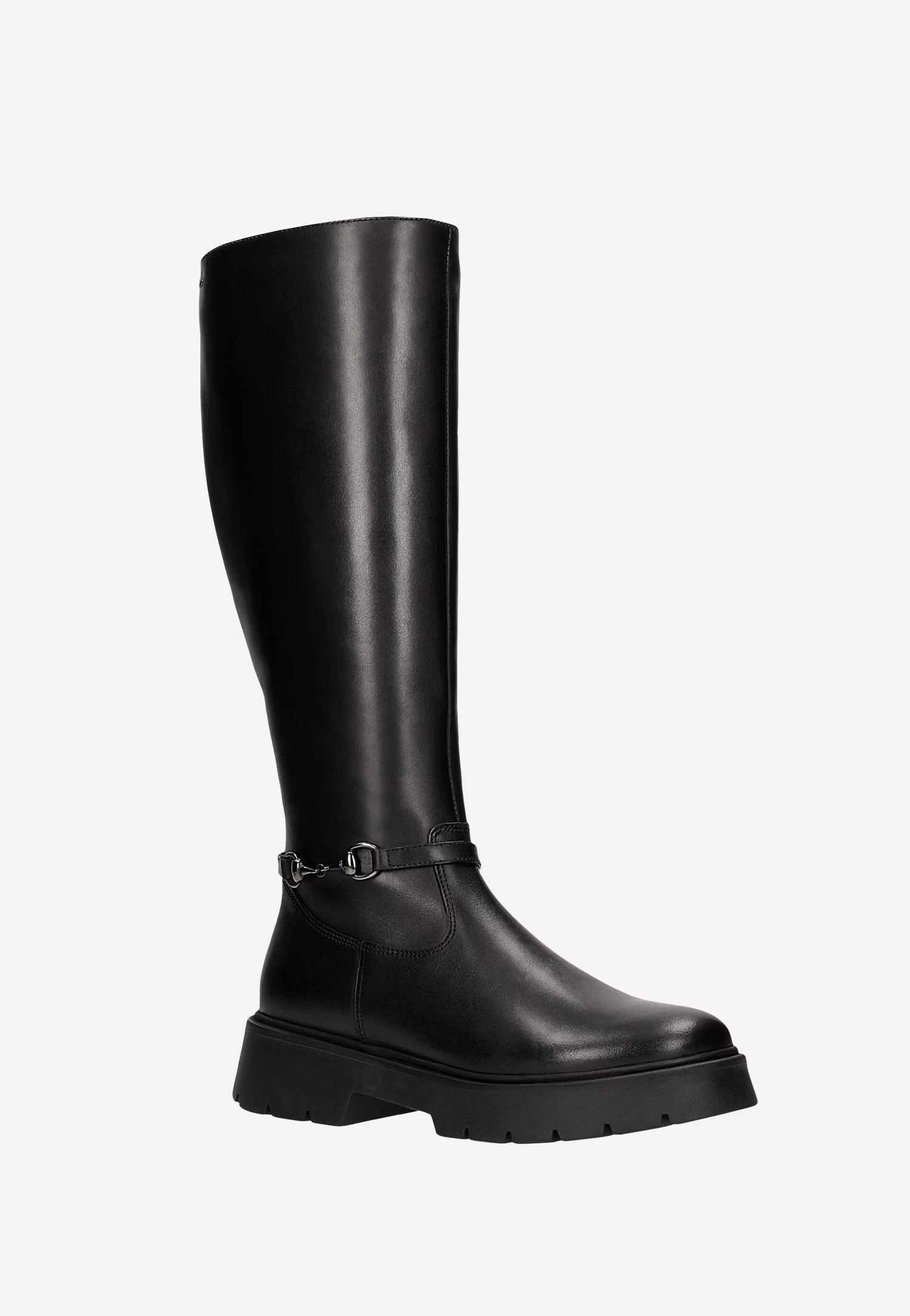 Czarne kozaki damskie ze skóry licowej z metalową ozdobą