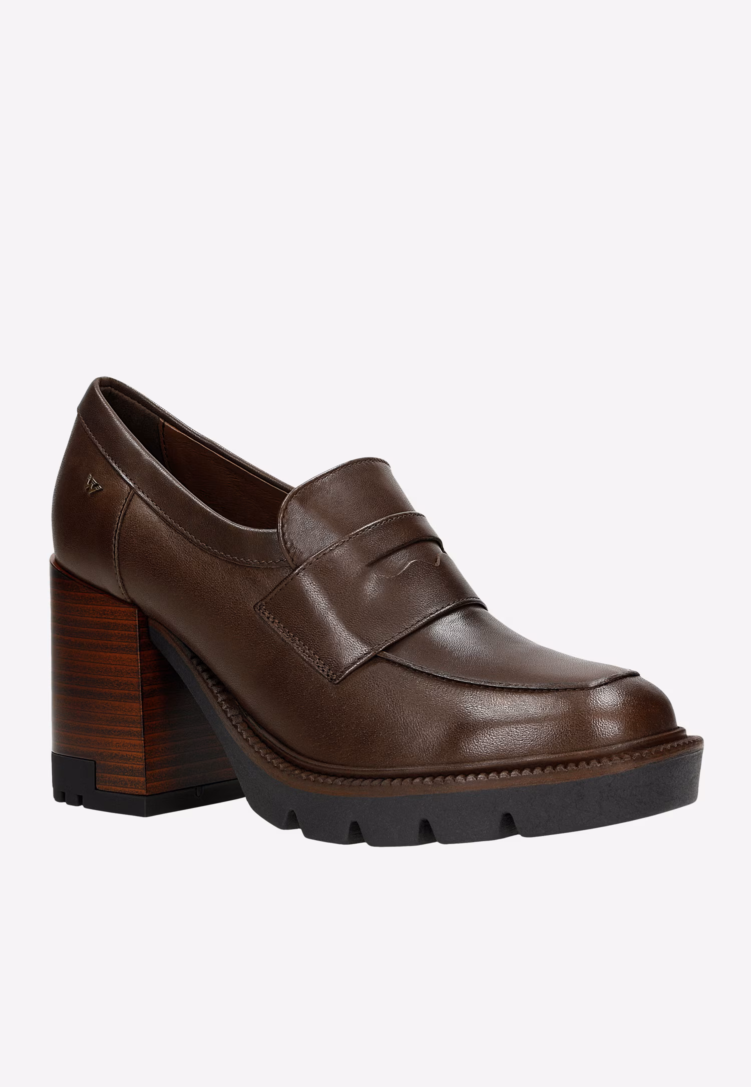 Czarne mokasyny damskie na wysokim obcasie i podeszwie z bieżnikiem