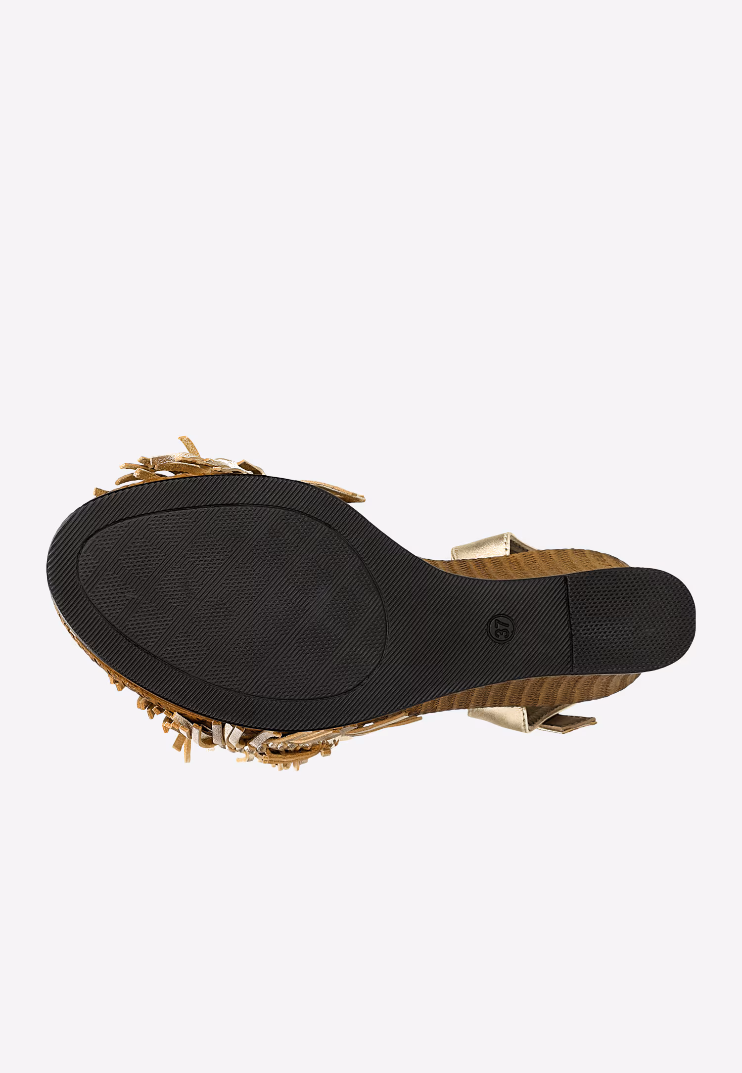 Metaliczne sandały na wysokiej koturnie z ozdobą na pasku