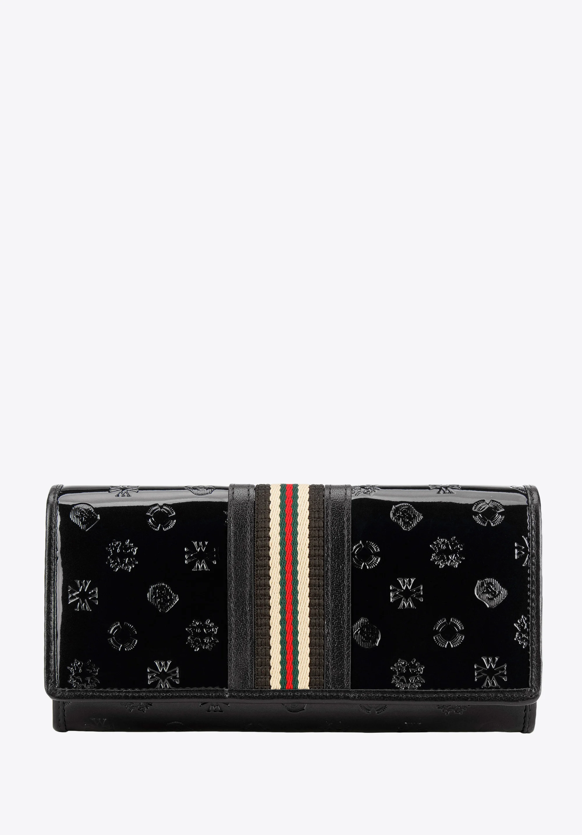 Damski portfel z lakierowanej skóry z monogramem i tasiemką