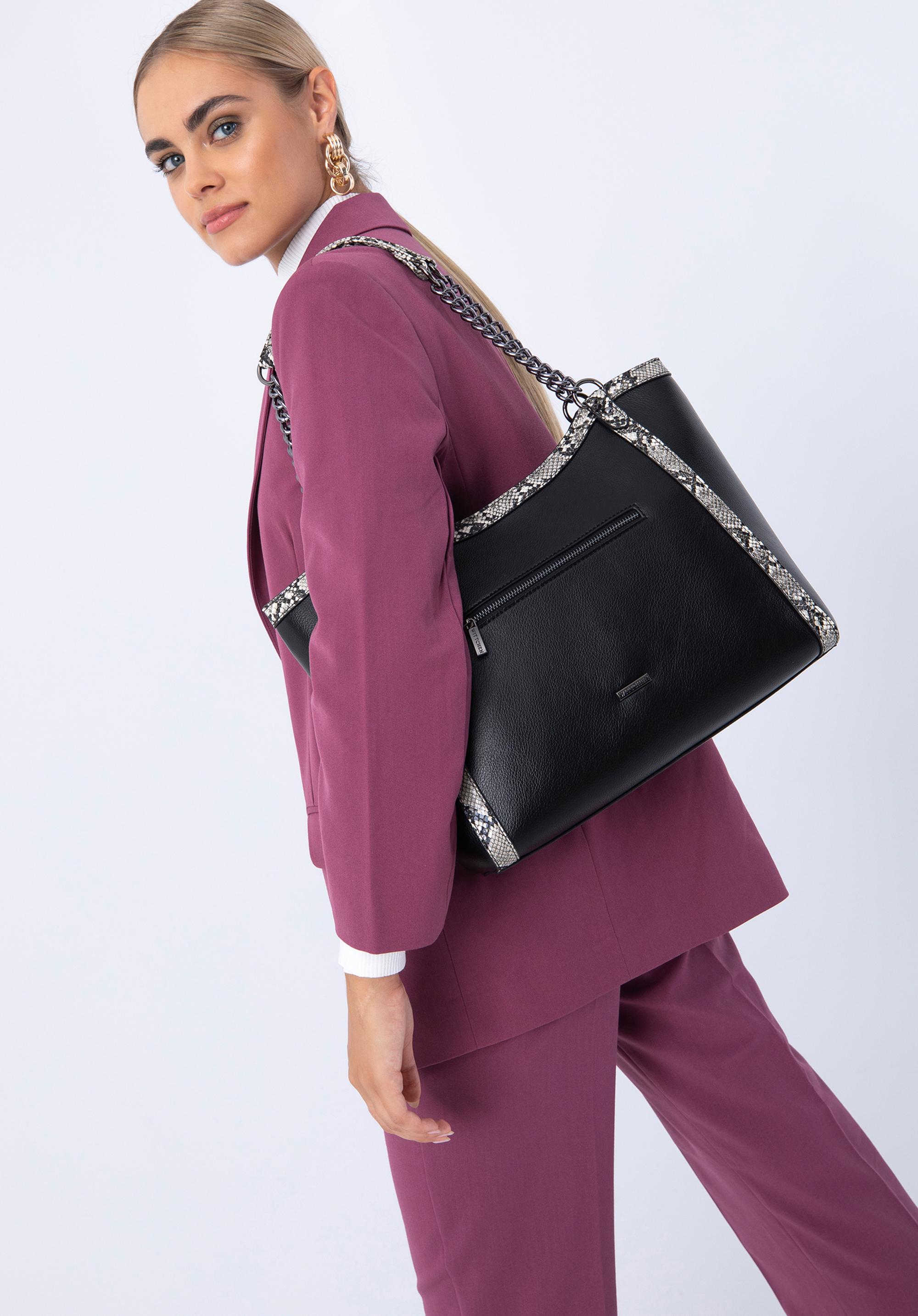 Torebka shopperka z obszyciem z ekoskóry o fakturze lizard