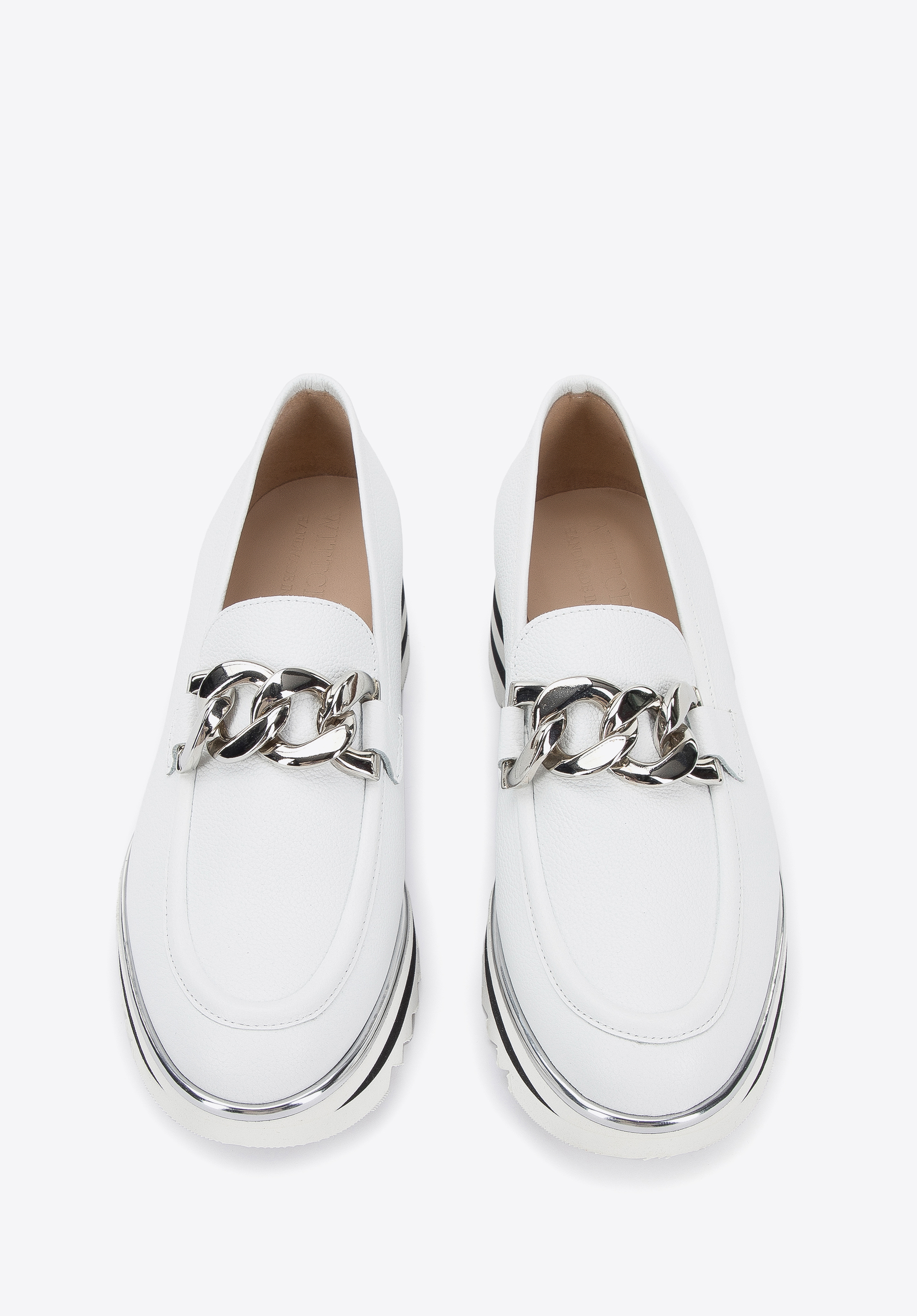 Damskie mokasyny skórzane z łańcuchem na platformie w pasy