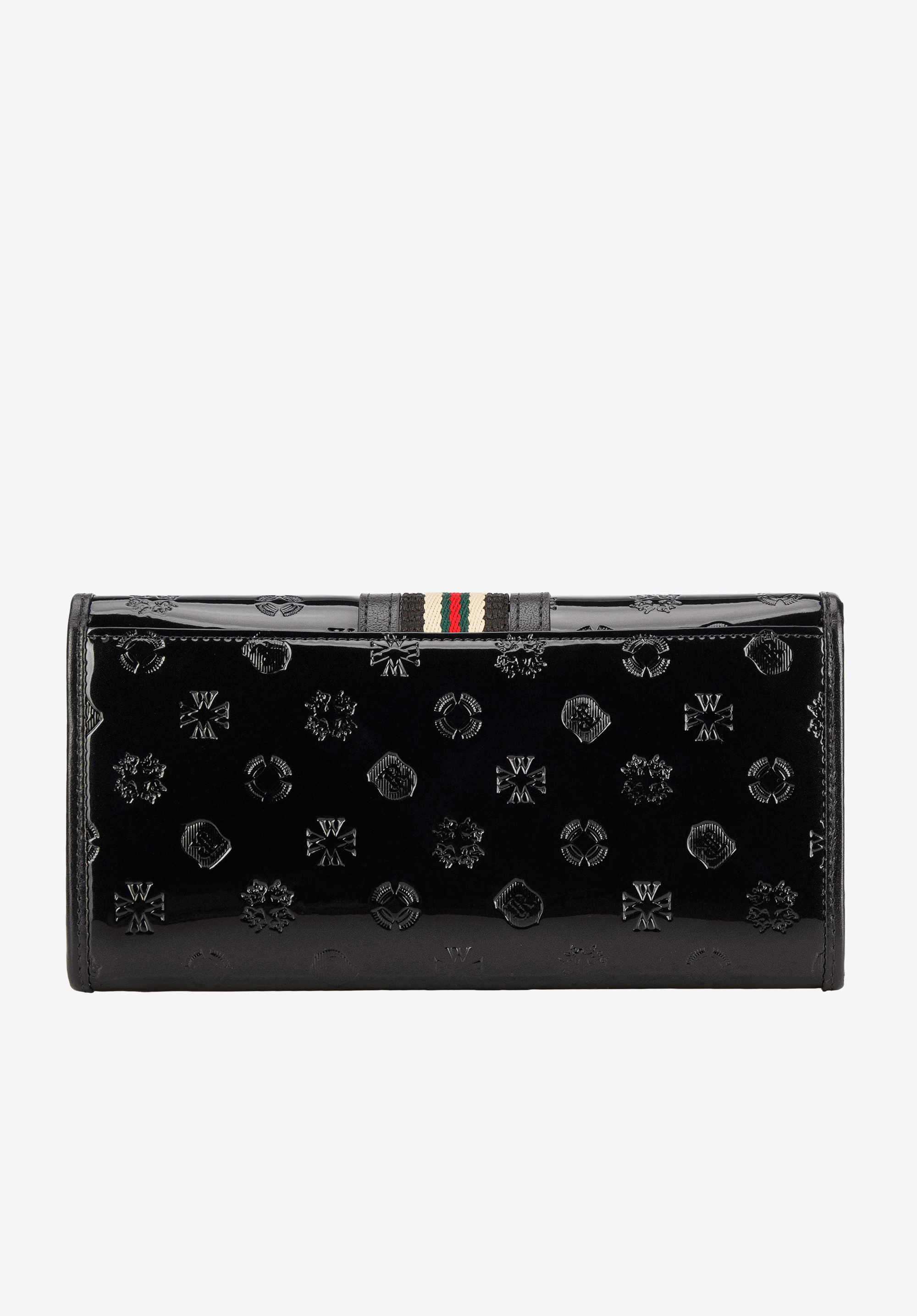 Damski portfel z lakierowanej skóry z monogramem i tasiemką