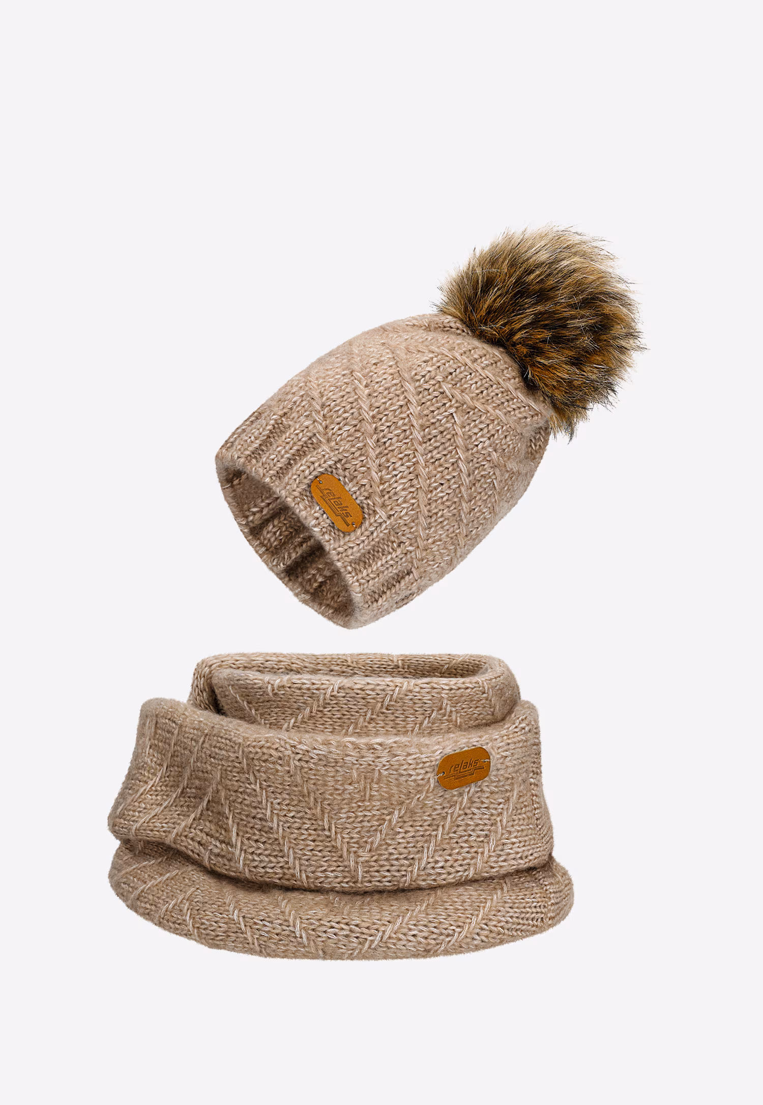 RELAKS beżowy komplet z wełny merino czapka z pomponem + komin