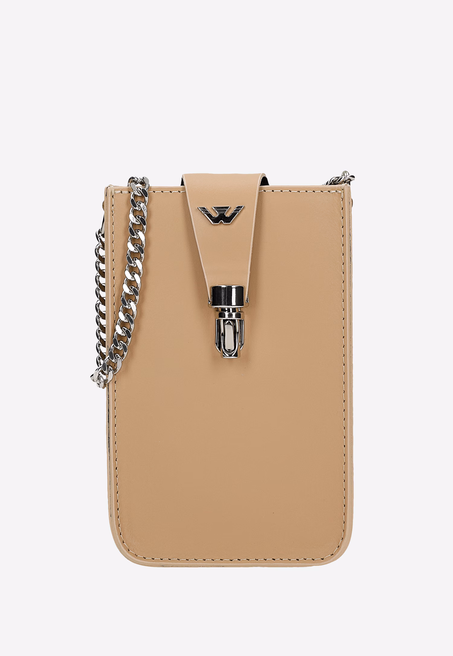 Beżowa torebka na telefon ze srebrnym łańcuchem