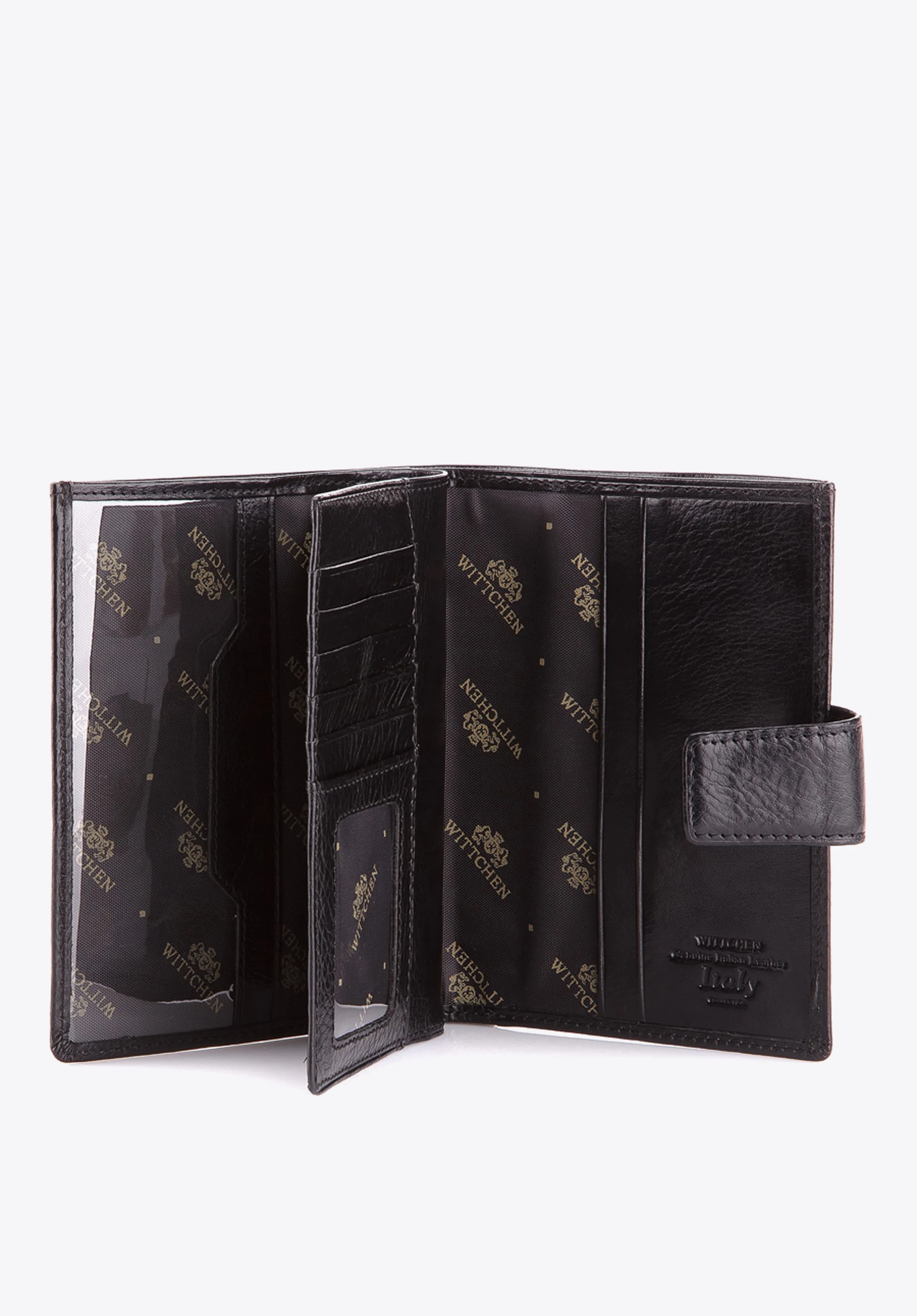 Damski portfel skórzany z przezroczystą kieszenią