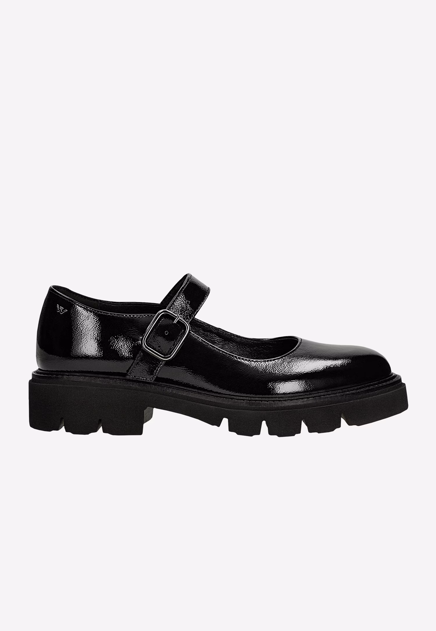 Czarne półbuty ze skóry lakierowanej z paskiem na podbiciu