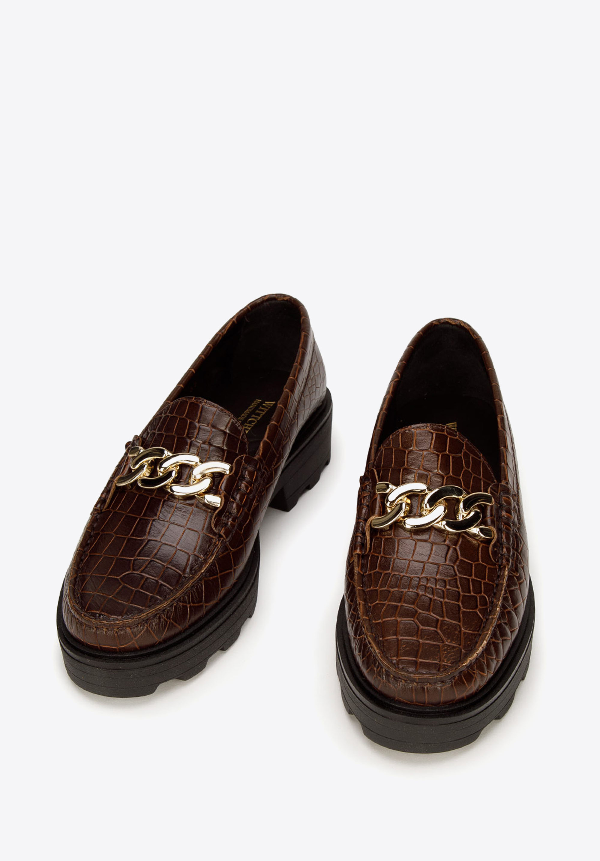 Damskie mokasyny skórzane z łańcuchem i na grubej podeszwie