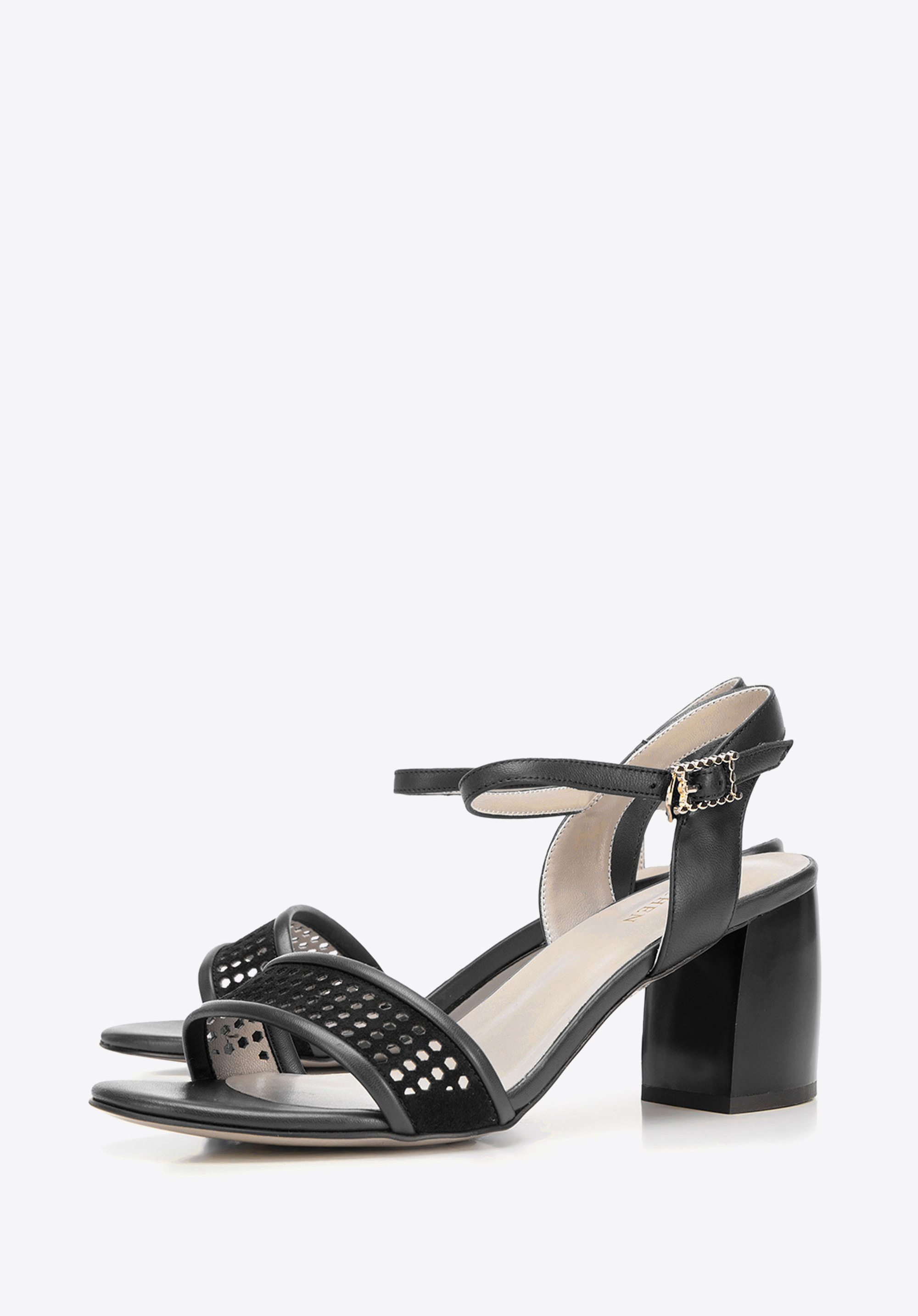 Damskie sandały zamszowe na słupku ażurowe