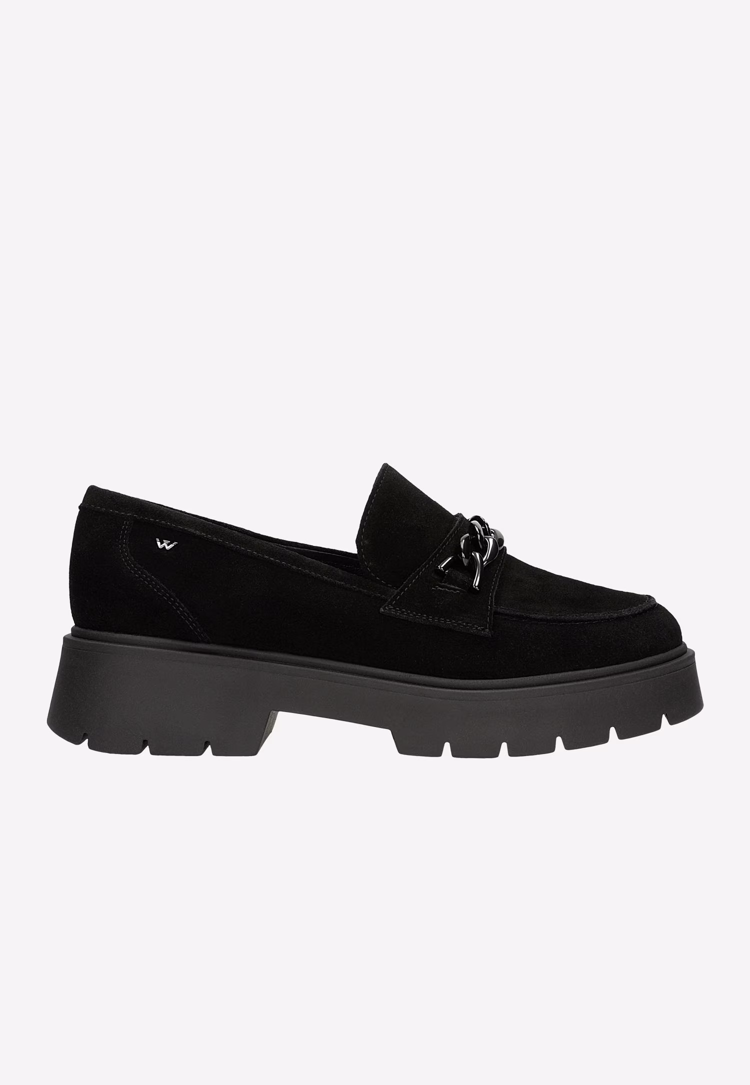 Czarne mokasyny damskie na grubej podeszwie z ozdobnym łańcuszkiem