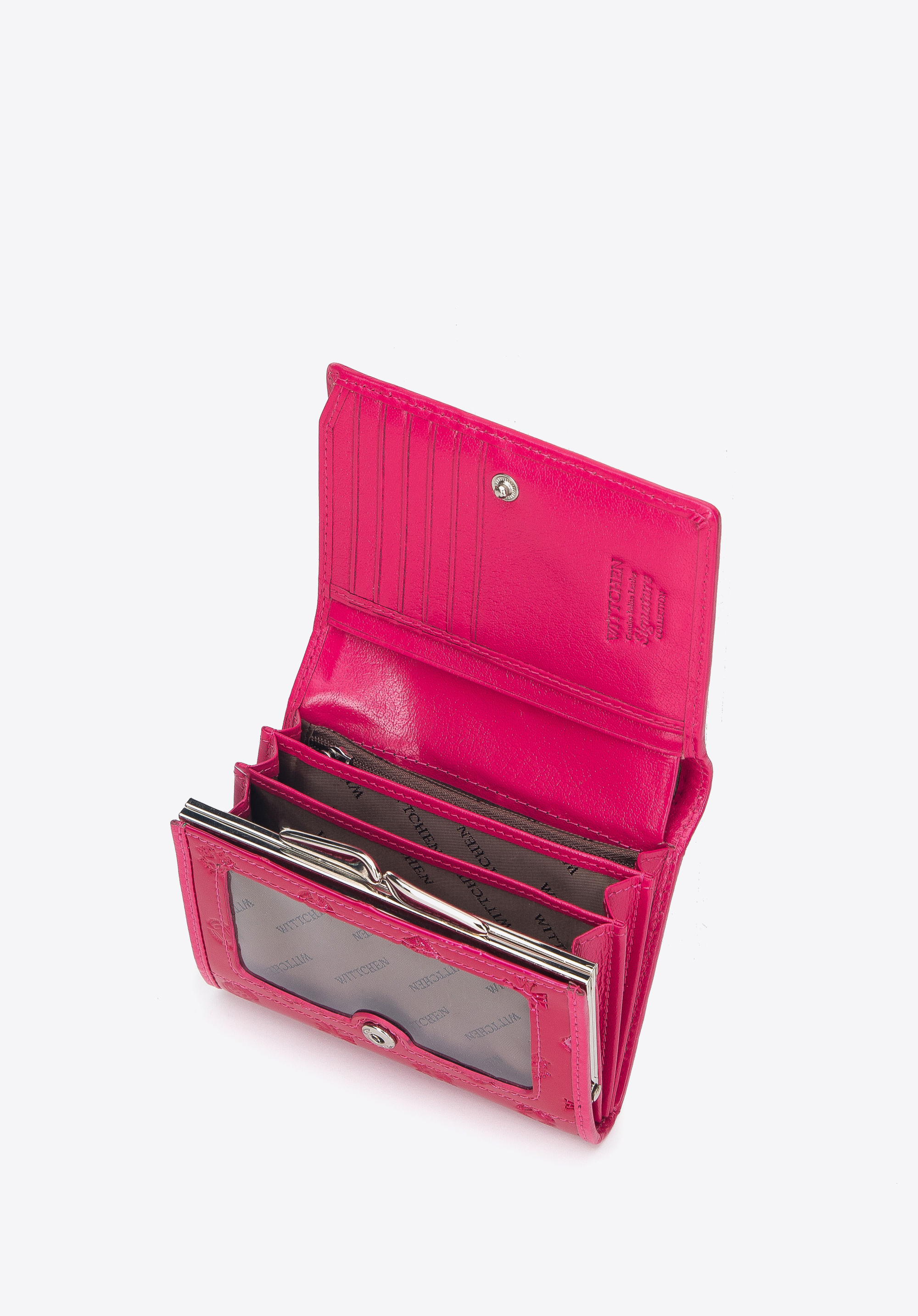 Damski portfel z lakierowanej skóry z monogramem mały