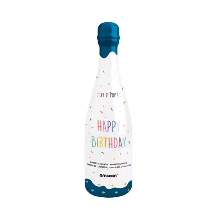 Konfety vystřelovací Láhev modrá 32 cm - barevná kolečka