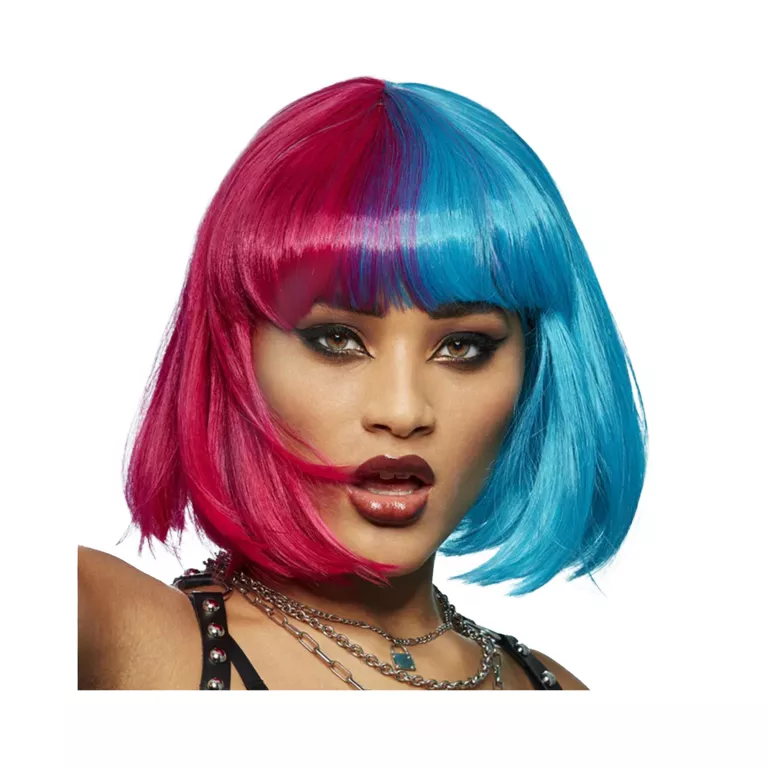 Paruka krátká modrá, červená s ofinou