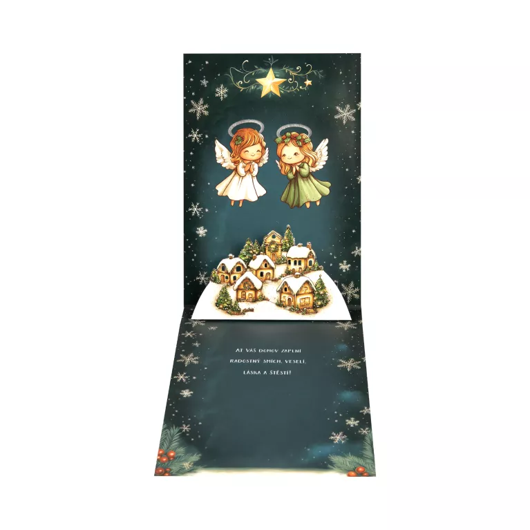 Pop-up hrací a svítící vánoční přání - Dva andílci