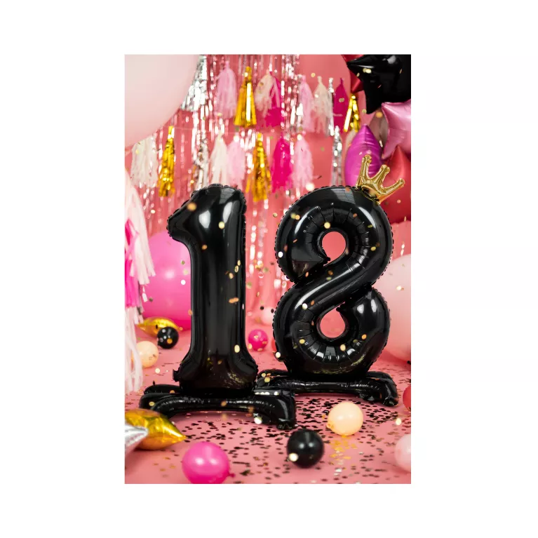 Balónek fóliový Stojící číslo 18 s korunkou černá 84 cm
