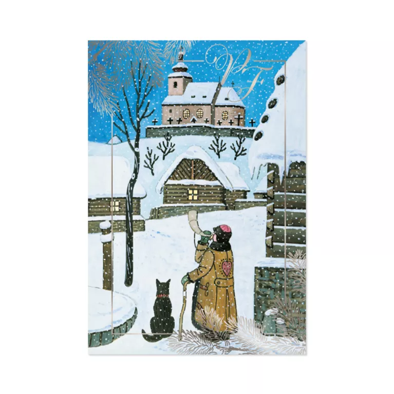 Vánoční přání Josef Lada - Ponocný troubí na roh