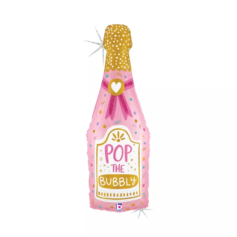 Balónek fóliový Láhev šampaňského Pop the bubbly růžová