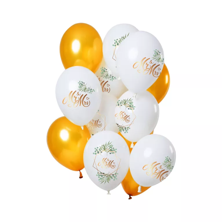 Balónky latexové Mr&Mrs zlaté, bílé 12 ks