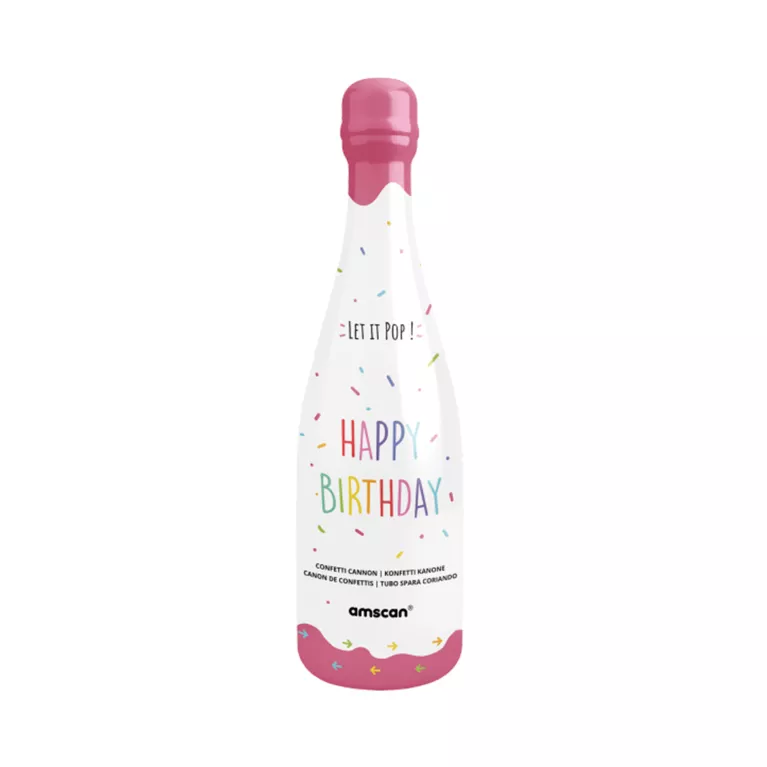 Konfety vystřelovací Láhev růžová 32 cm - barevná kolečka