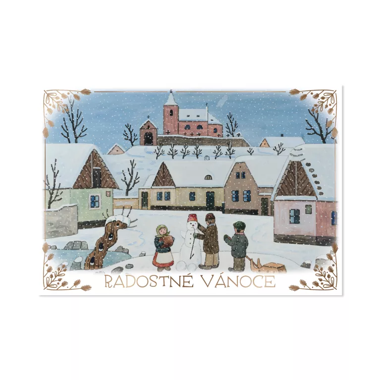 Vánoční přání Josef Lada - Děti staví sněhuláka