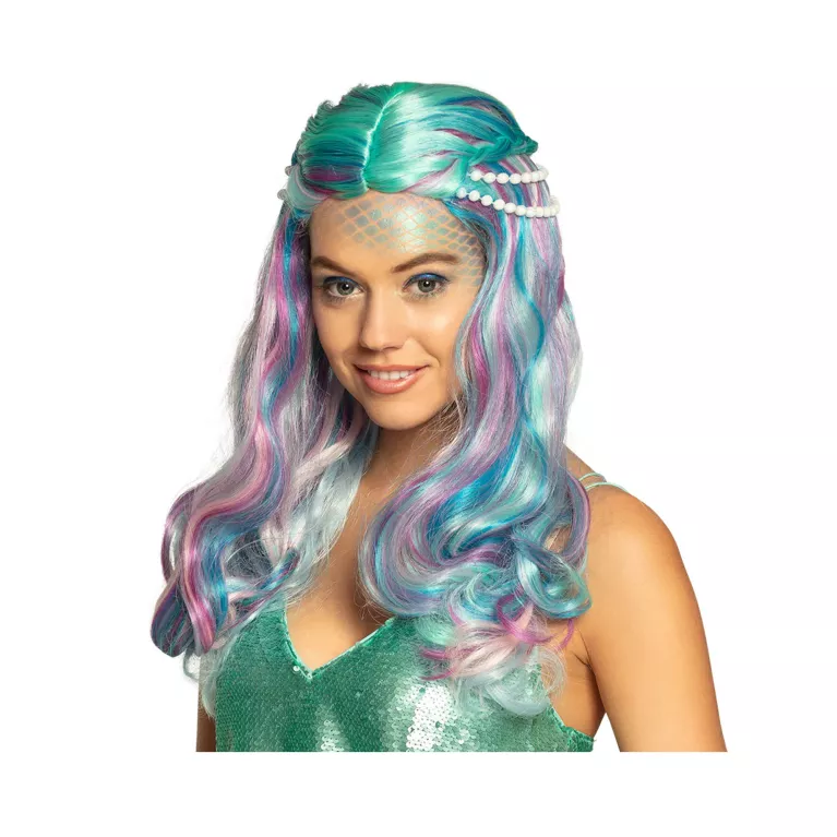 Paruka dlouhá tyrkys s perlami mořská panna