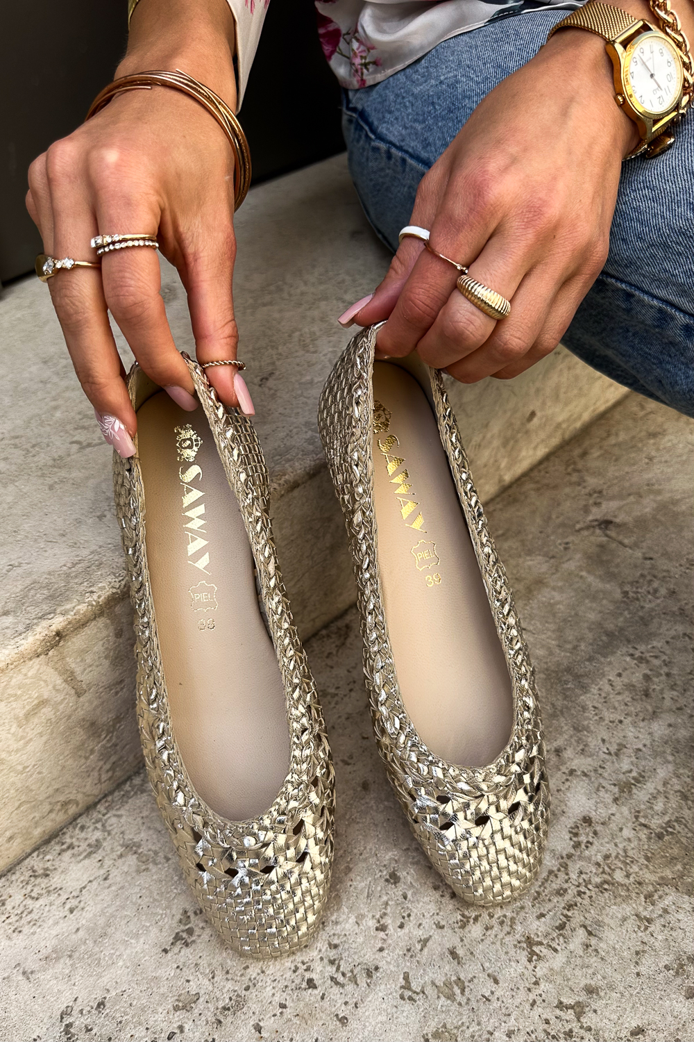 Brązowe plecione baleriny Calanova