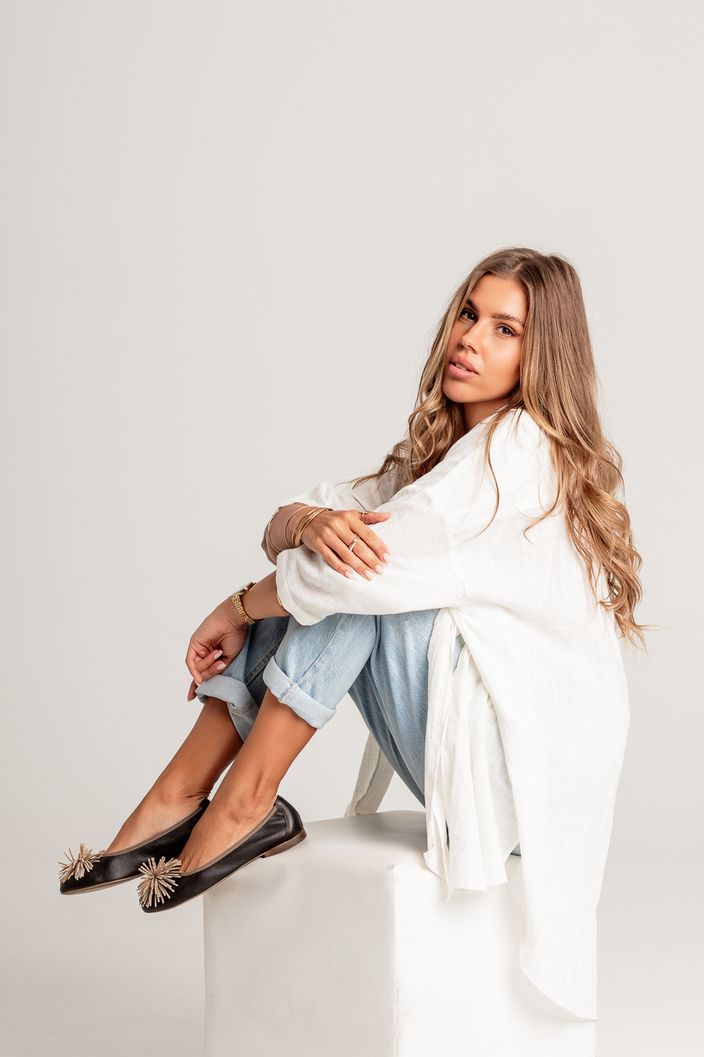 Złote baleriny Gasao z elastyczną gumką