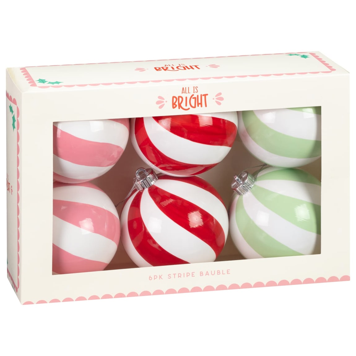 All is Bright Stripe Baubles 6pk