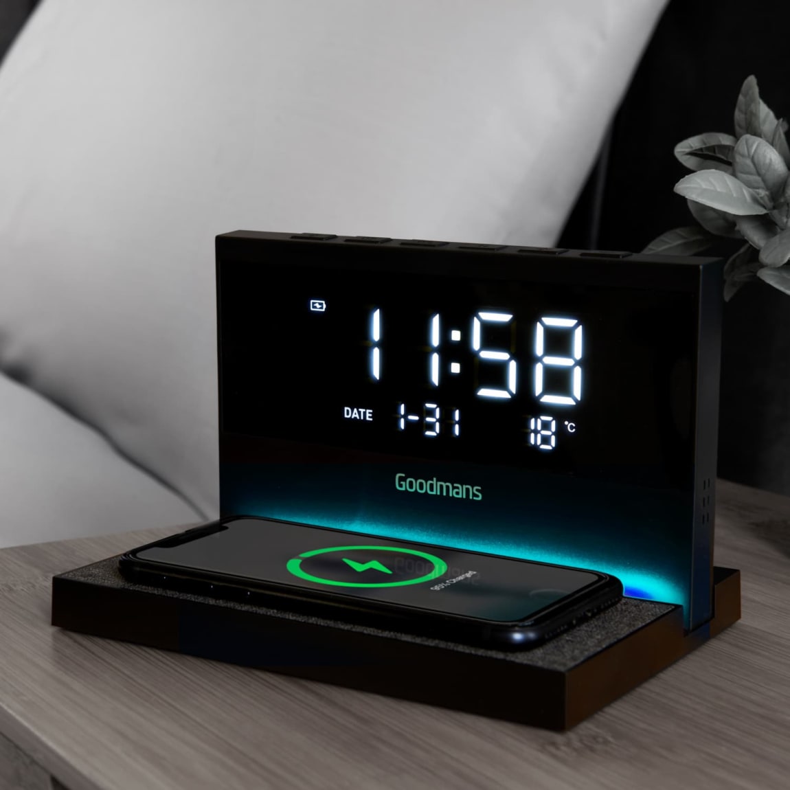 Goodmans Alarm Clock with QI Wireless Charging - Black