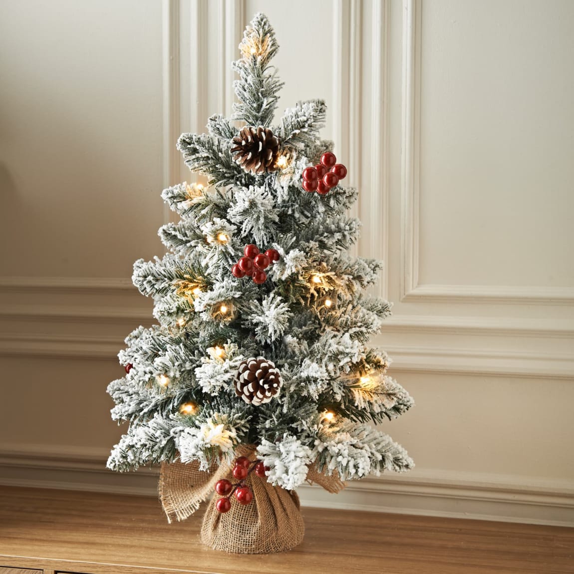 Pre-Lit Snowy Tree with Berries & Cones 2ft