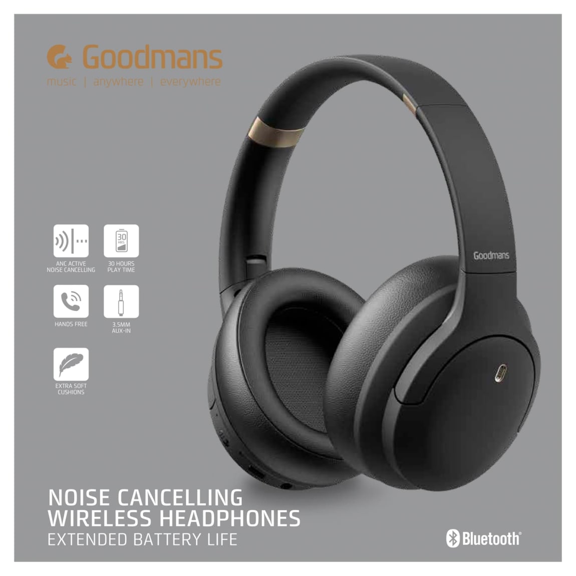 Goodmans Noise Cancelling Wireless Headphones - Black