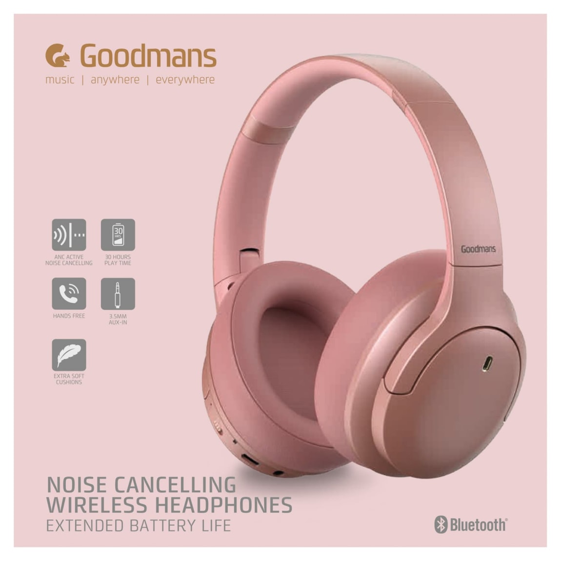 Goodmans Noise Cancelling Wireless Headphones - Pink