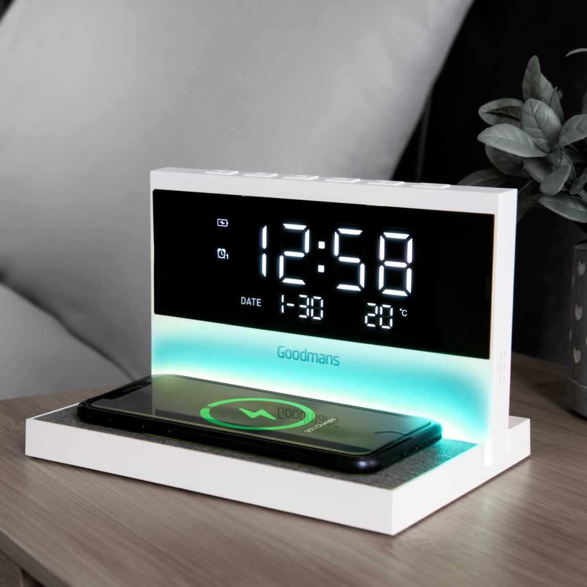 Goodmans Alarm Clock with QI Wireless Charging - White