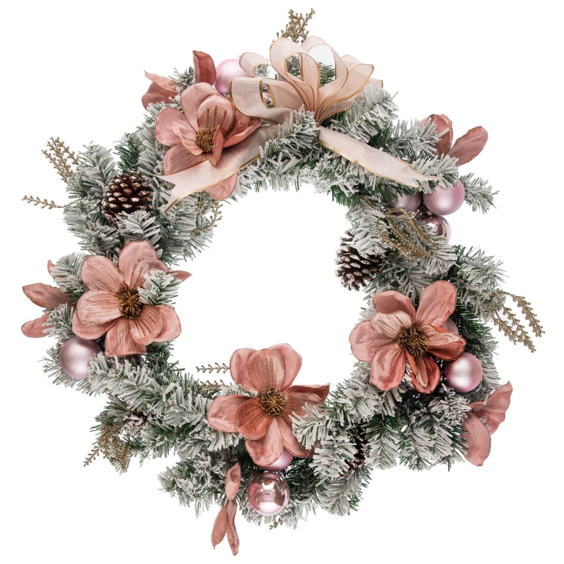 Frosted Wreath with Blush Poinsettias & Bows 70cm