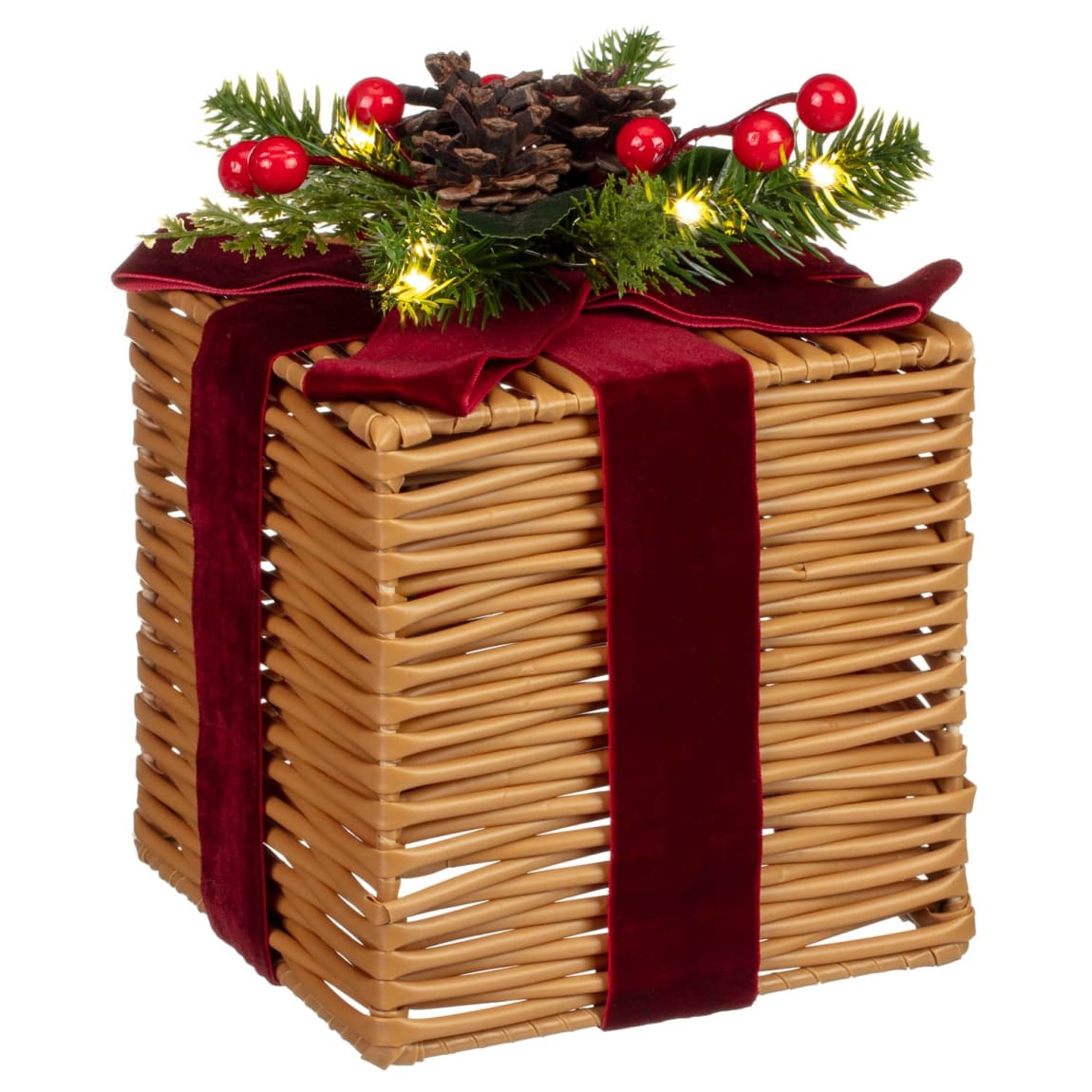 Pre-Lit Woven Parcel with Velvet Bow & Foliage