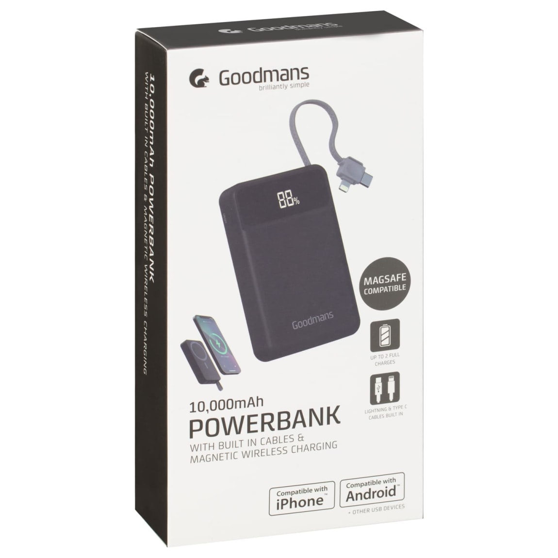 Goodmans Magnetic Wireless Powerbank with Built-in Cables 10.000mAh
