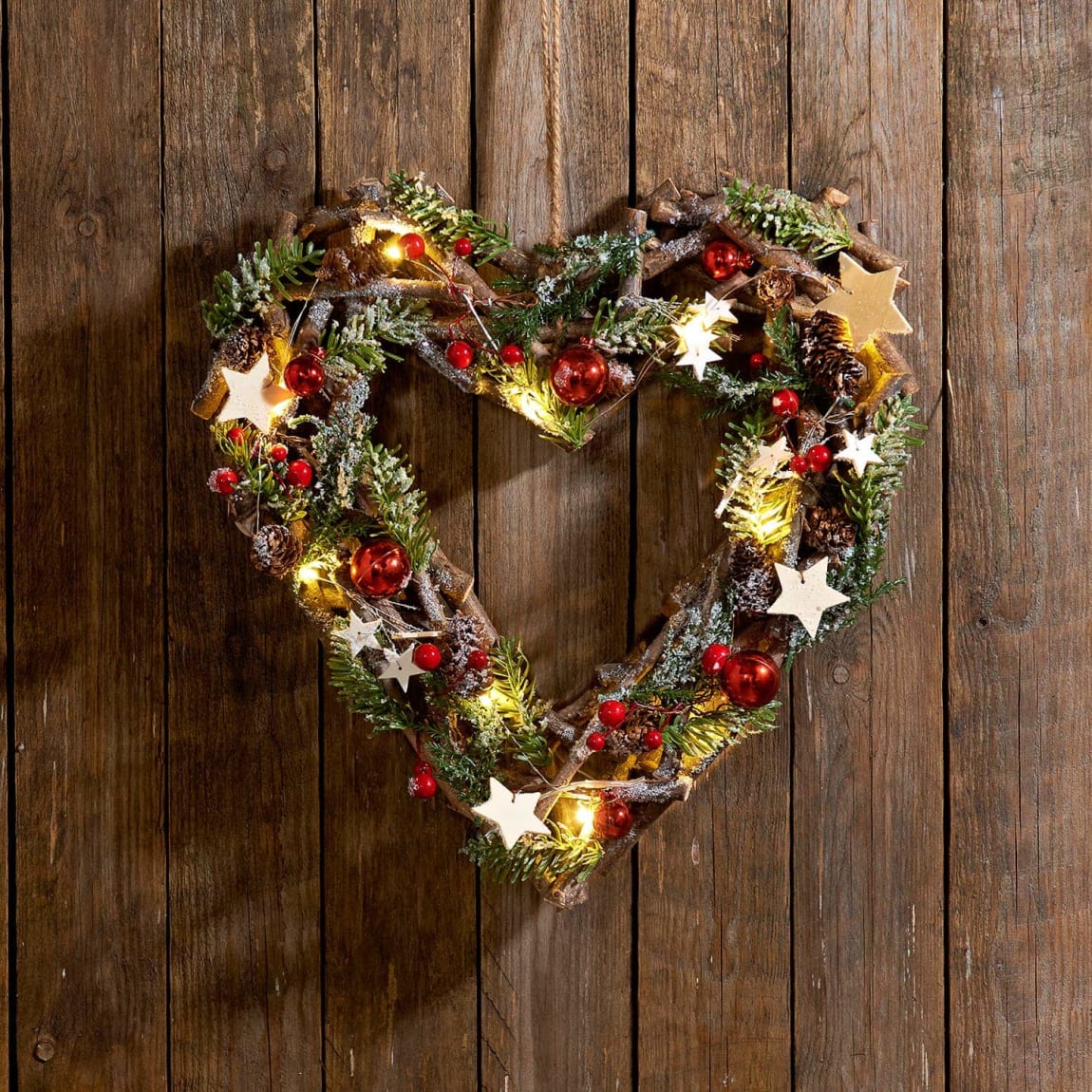 Hanging Light Up Christmas Heart with Foliage - Red