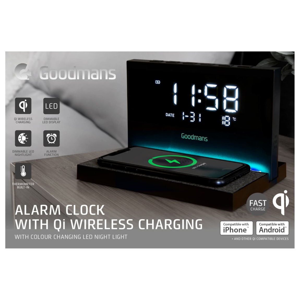 Goodmans Alarm Clock with QI Wireless Charging - Black
