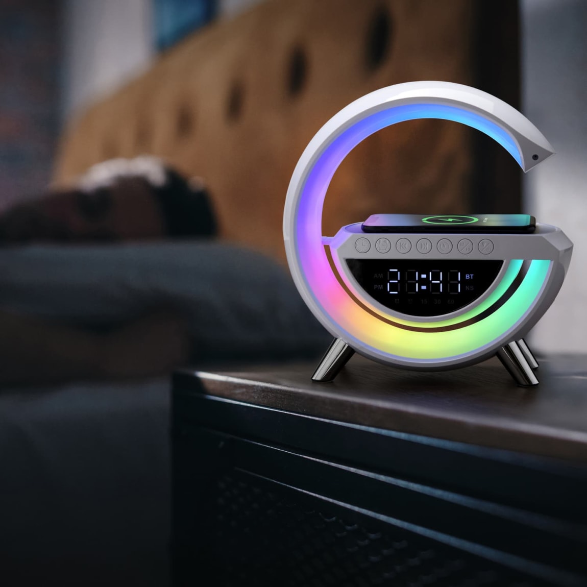 Vibes 3-in-1 LED Speaker. Alarm Clock & Wireless Charger - White