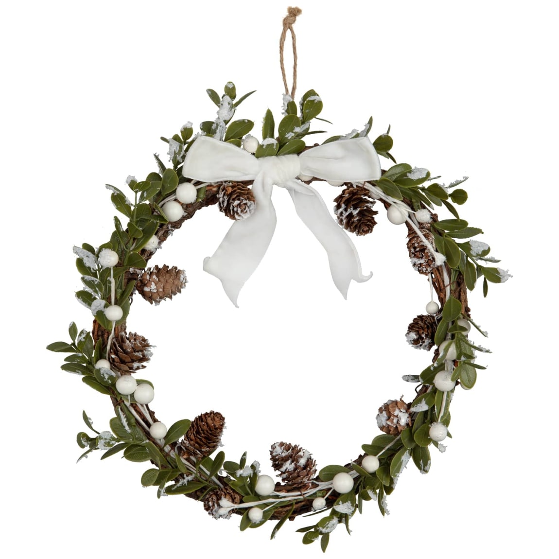 Hanging Christmas Wreath with Foliage - White