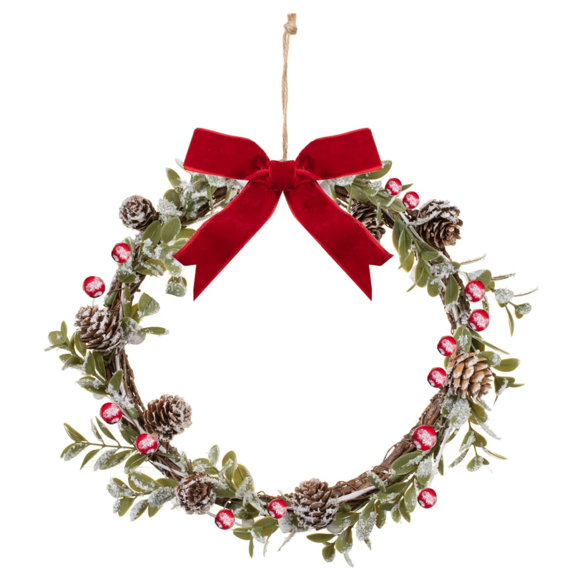 Hanging Christmas Wreath with Foliage - Red