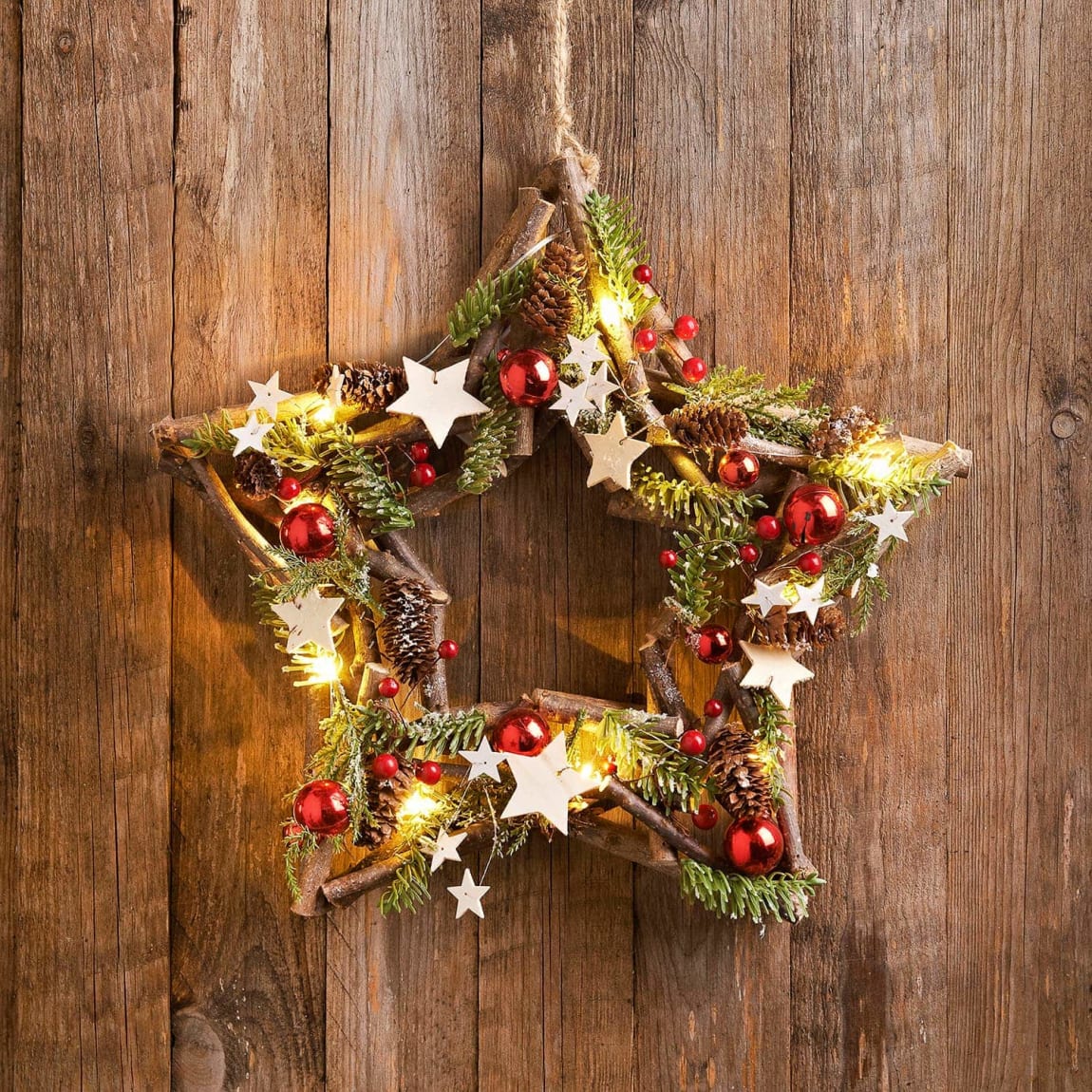 Hanging Light Up Christmas Star with Foliage - Red