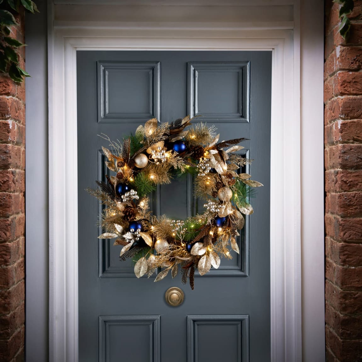 Navy & Champagne Wreath with Feathers 70cm