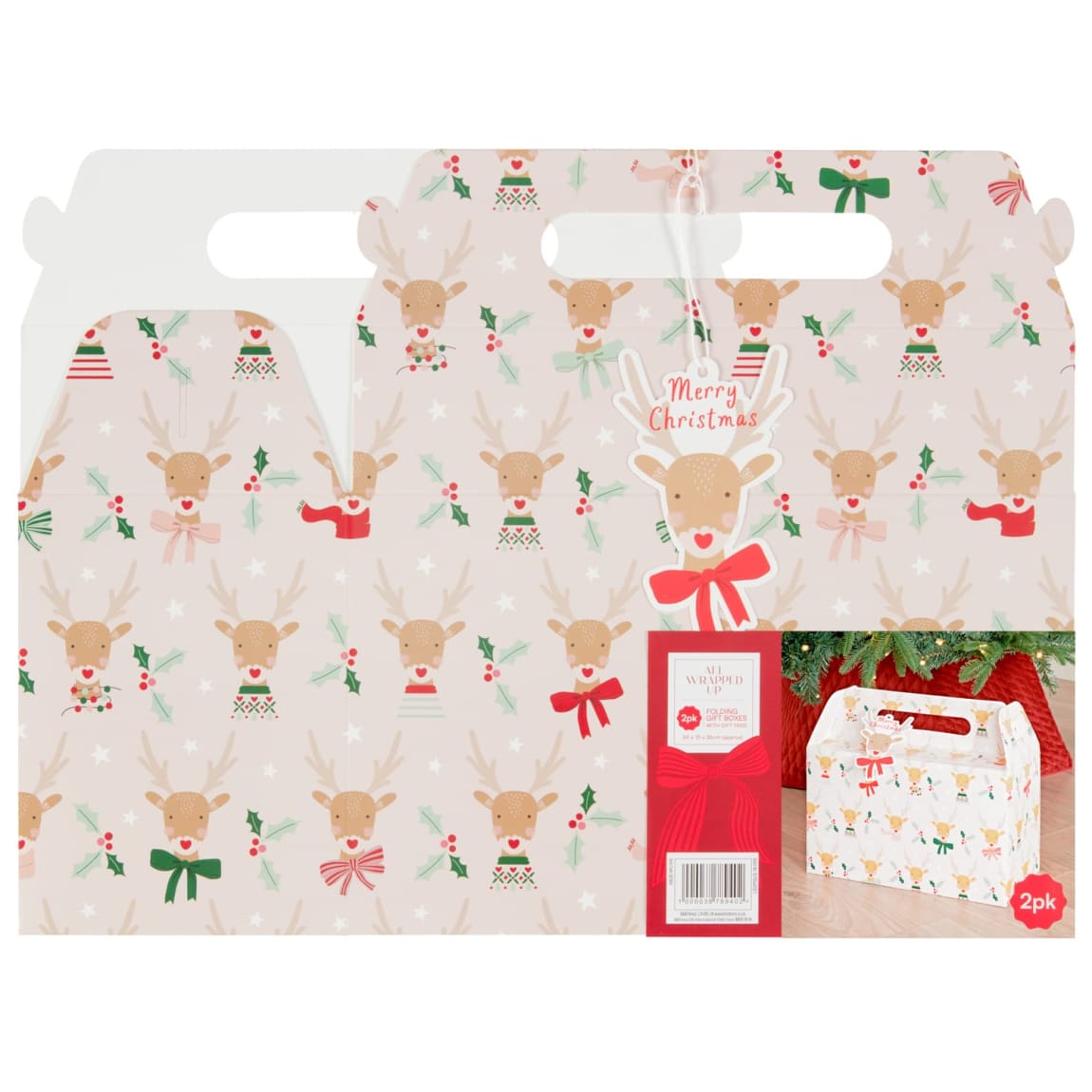 Folding Christmas Gift Box 2pk - Natural Reindeer