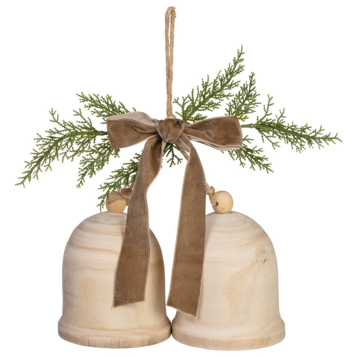 Wooden Bells Ornament with Bow & Foliage