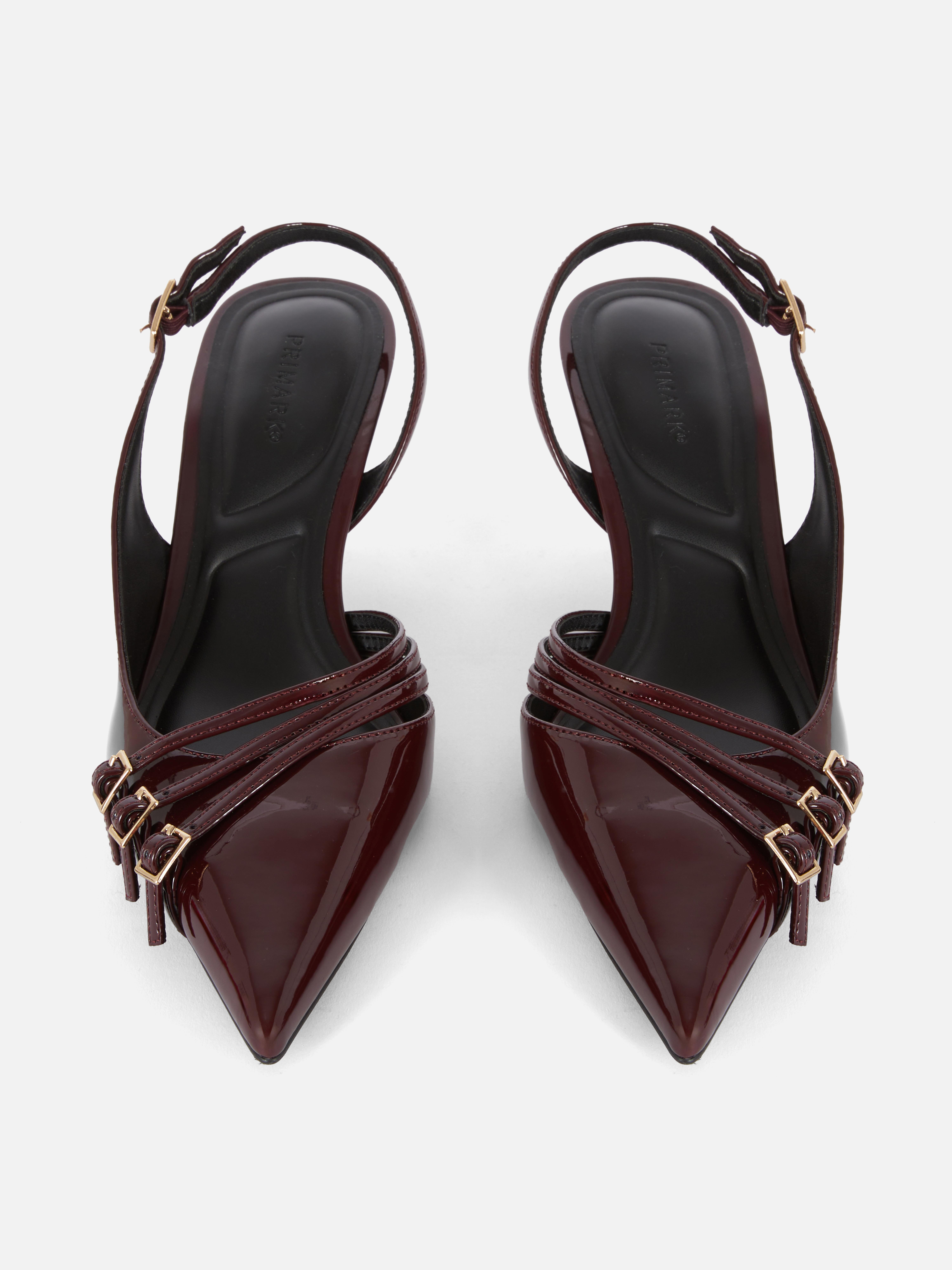 3 Buckle Patent Slingback Kitten Heels